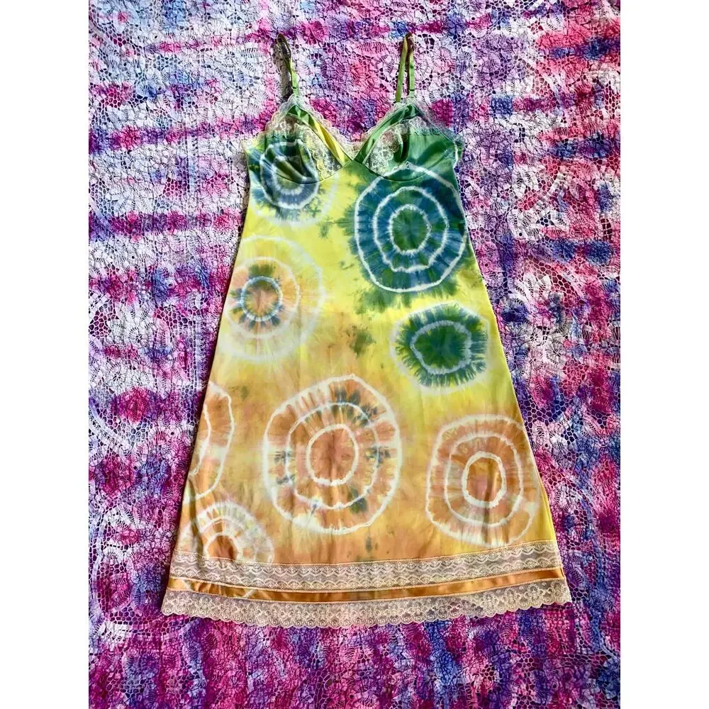 Hand Dyed Vintage Rainbow Multi Color Shibori Dye Slip Dress Reworked Loungewear
